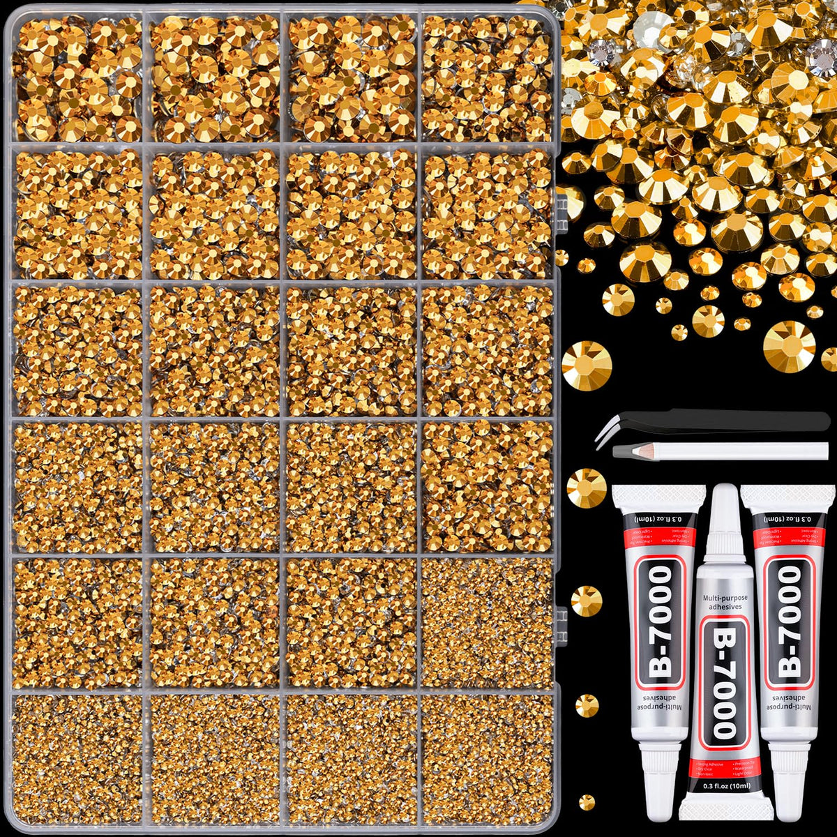 Boîte de 25000 rhinestones en résine dorée avec 24 compartiments