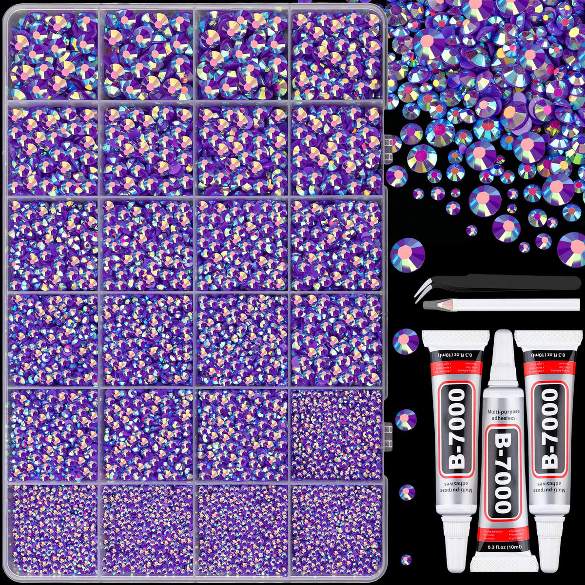 Boîte de 25000 rhinestones résine violet AB avec compartiments