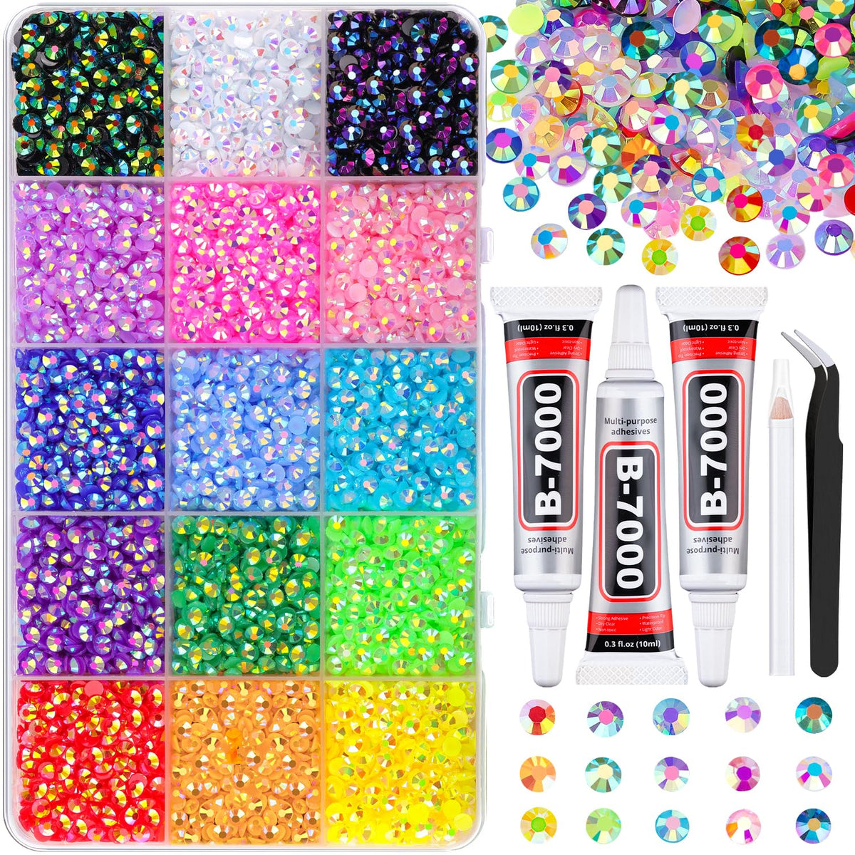 Boîte de 9000 strass en résine TINKRSTUFF avec compartiments colorés
