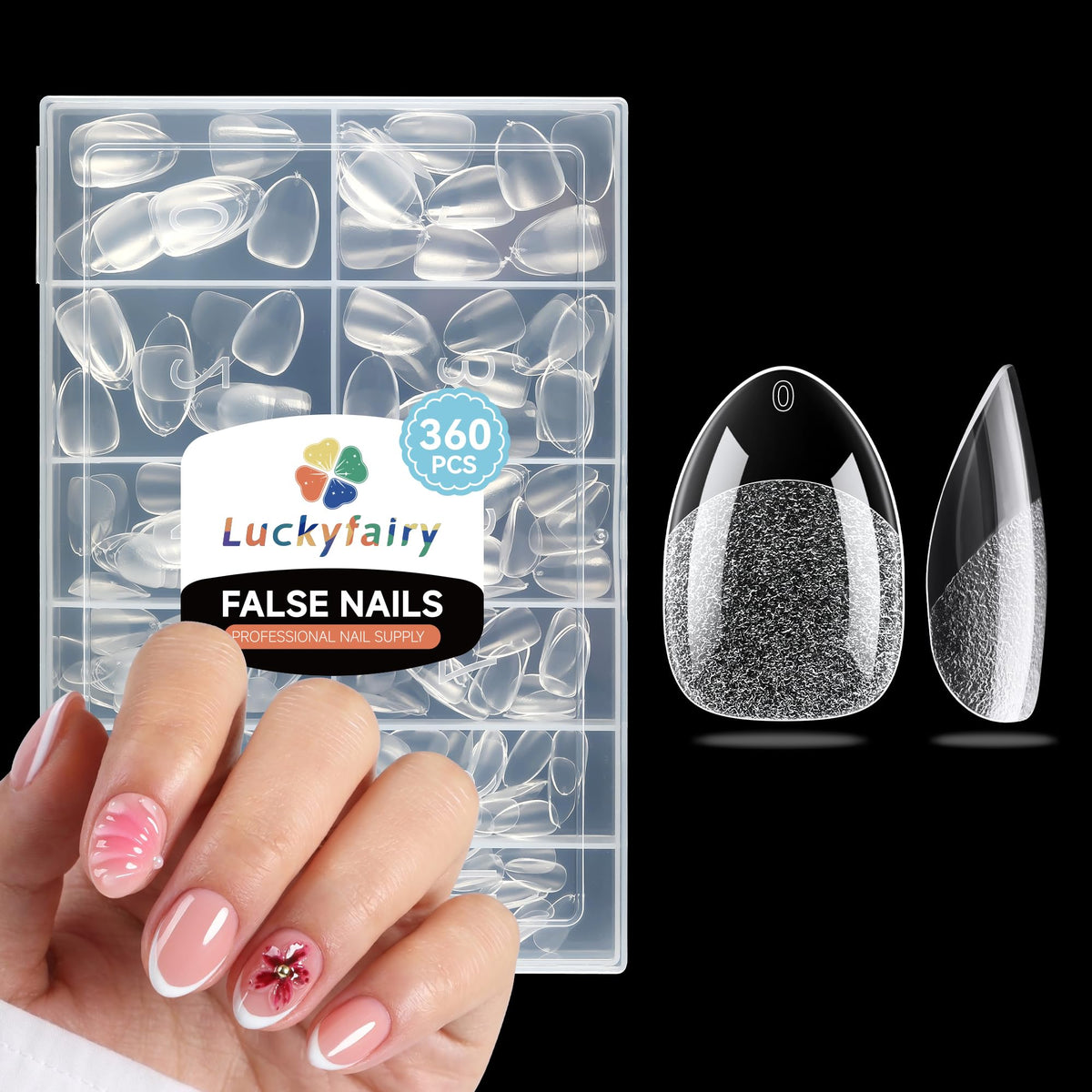 Boîte de faux ongles Luckyfairy extra courts en amande, vue de face