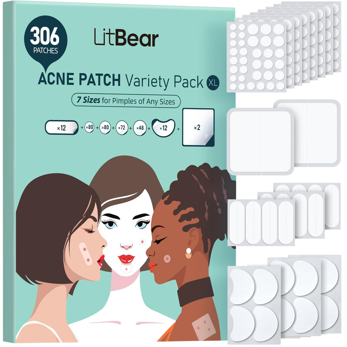 Boîte de patches anti-acné LitBear avec 306 patches en différentes tailles