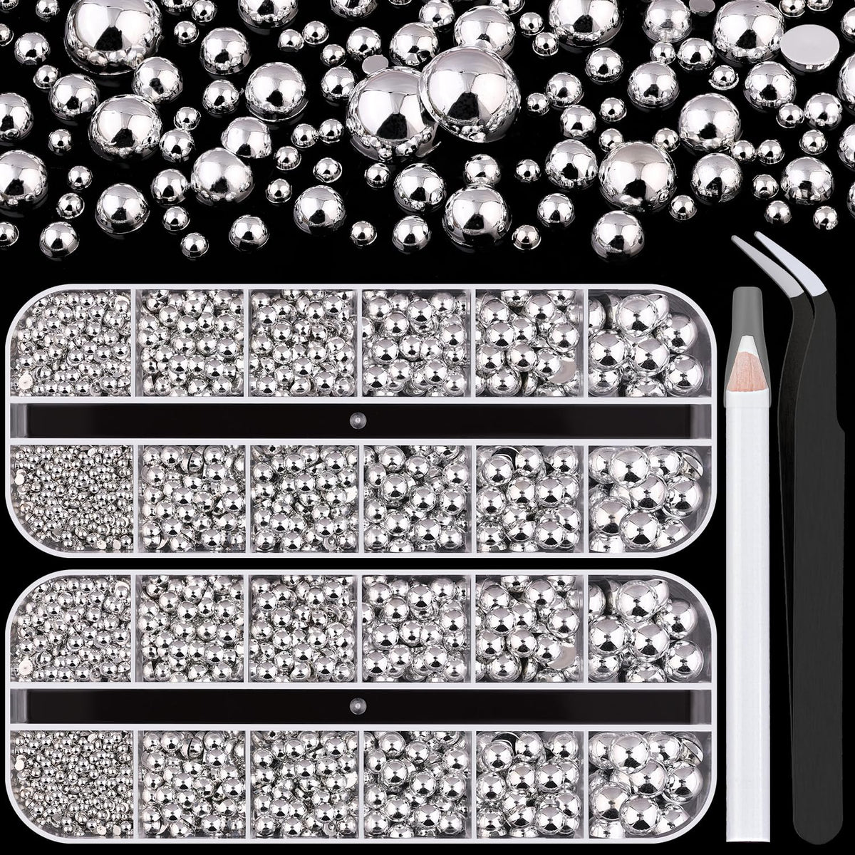 Boîte de perles à ongles argentées BELLEBOOST avec outils inclus