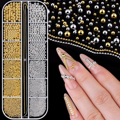 Boîte de perles à ongles métalliques BELLEBOOST argent et or avec 12 compartiments