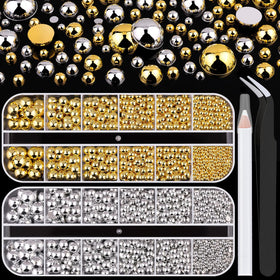 Boîte de perles à plat dos argentées pour ongles