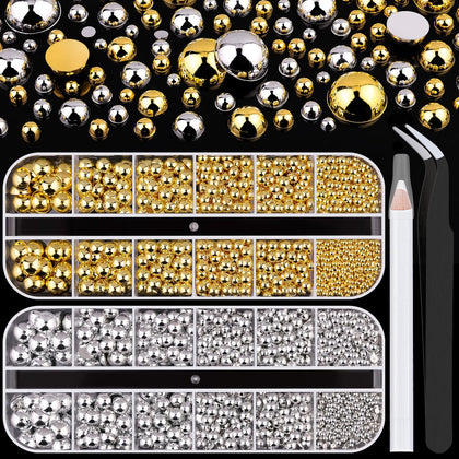 Boîte de perles à plat dos argentées pour ongles