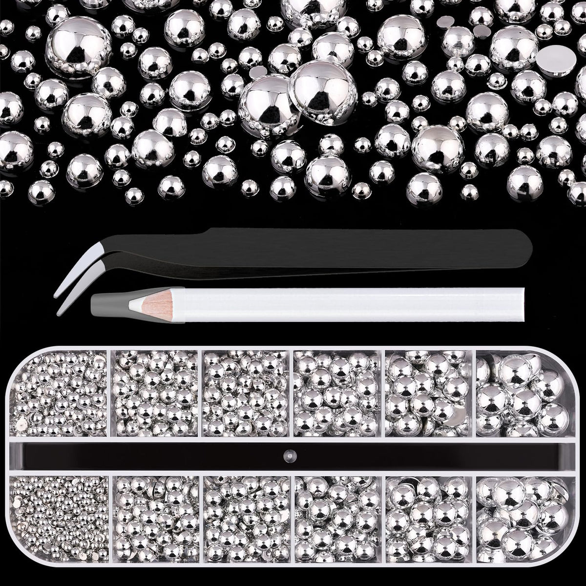 Boîte de perles argentées à dos plat BELLEBOOST avec couvercles