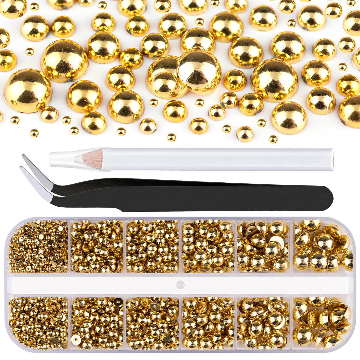 Boîte de perles plates dorées BELLEBOOST pour ongles avec outils inclus