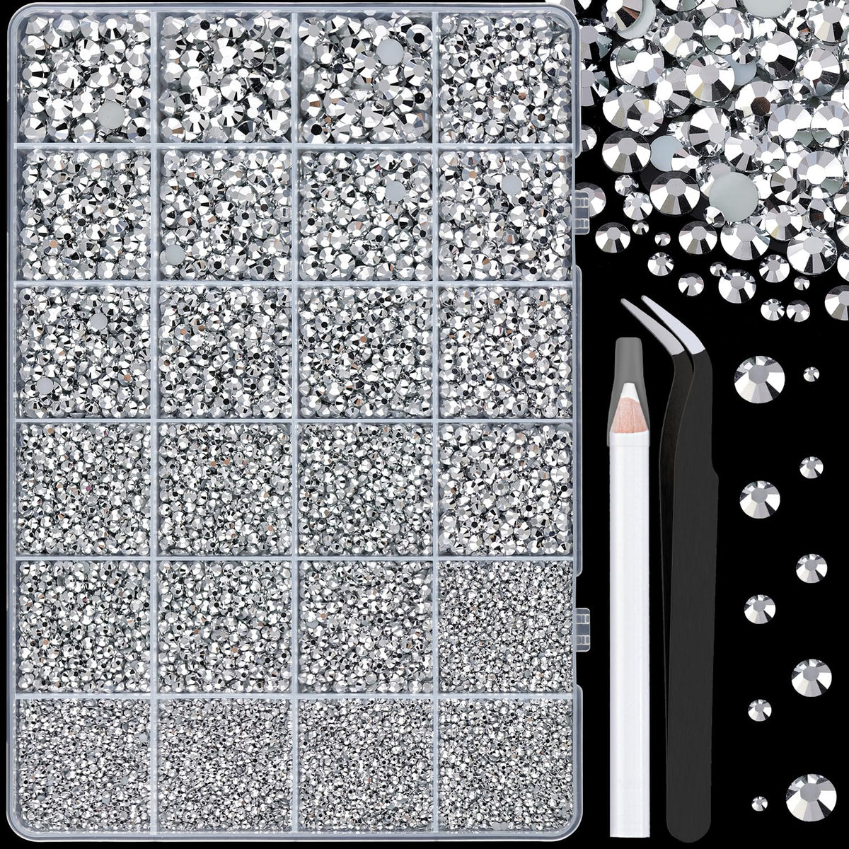Boîte de rhinestones en résine argent TINKRSTUFF avec 24 compartiments