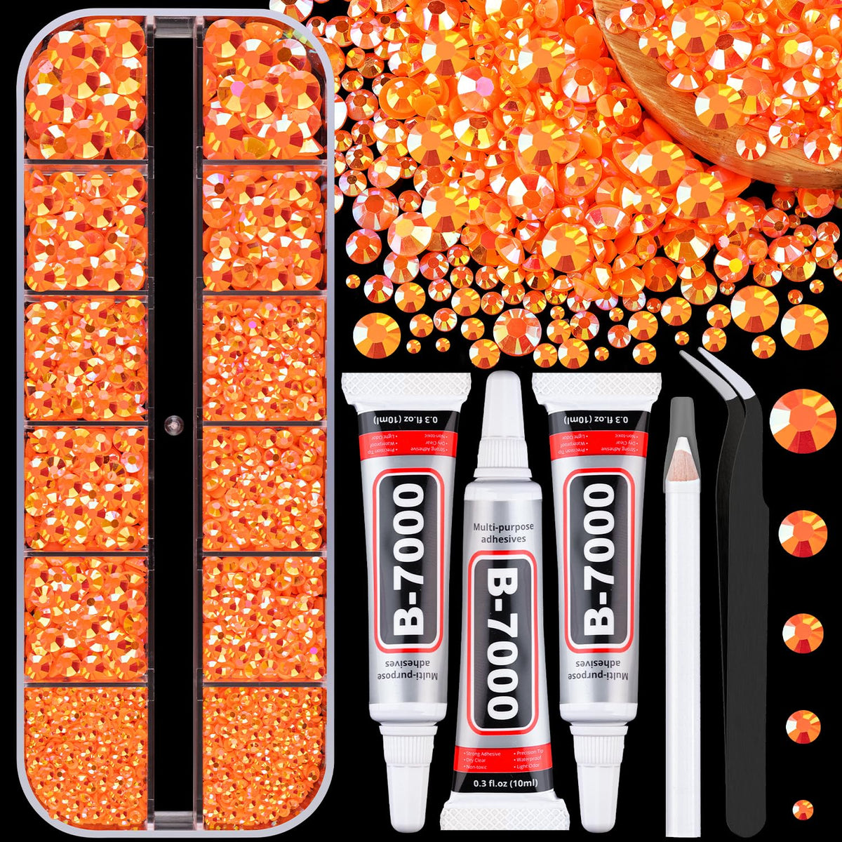 Boîte de rhinestones jelly Orange AB TINKRSTUFF avec différents formats