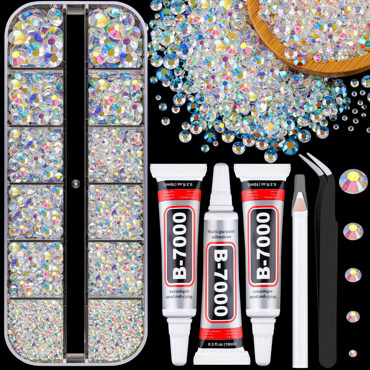 Boîte de strass en résine transparent AB avec colle B7000