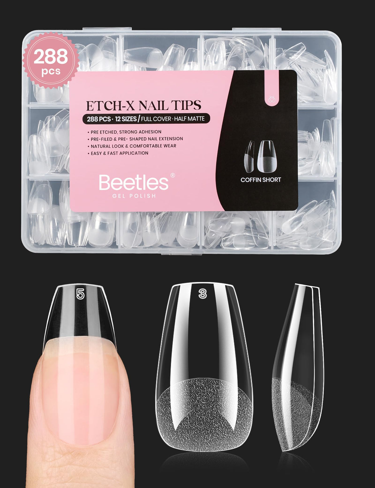 boîte de tips ongulaires en gel mat beetles 288 pcs