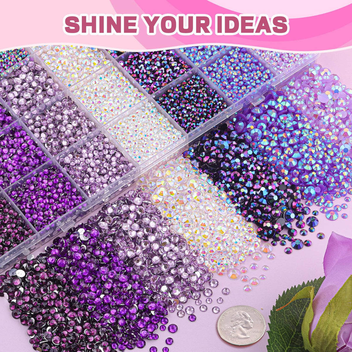 Boîte du kit de strass violets ouverte montrant les différents compartiments