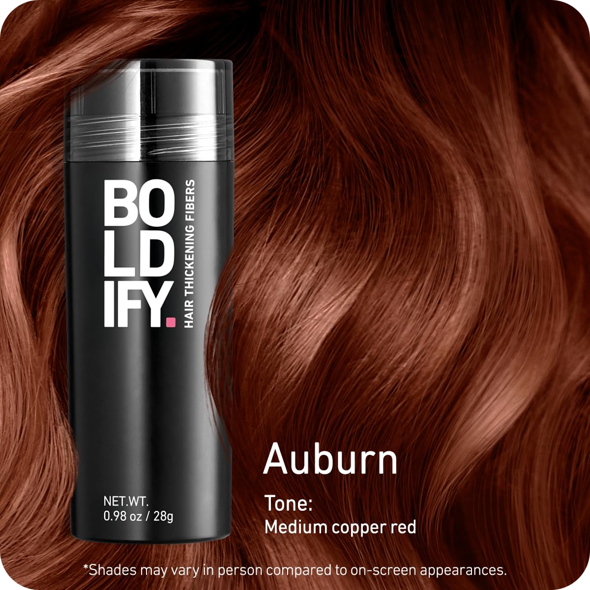 Boldify Fibres Capillaires Auburn 28g en application sur cheveux