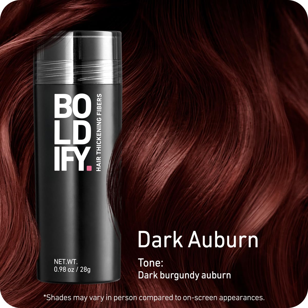Boldify Fibres Capillaires Auburn Foncé 28g application sur cheveux
