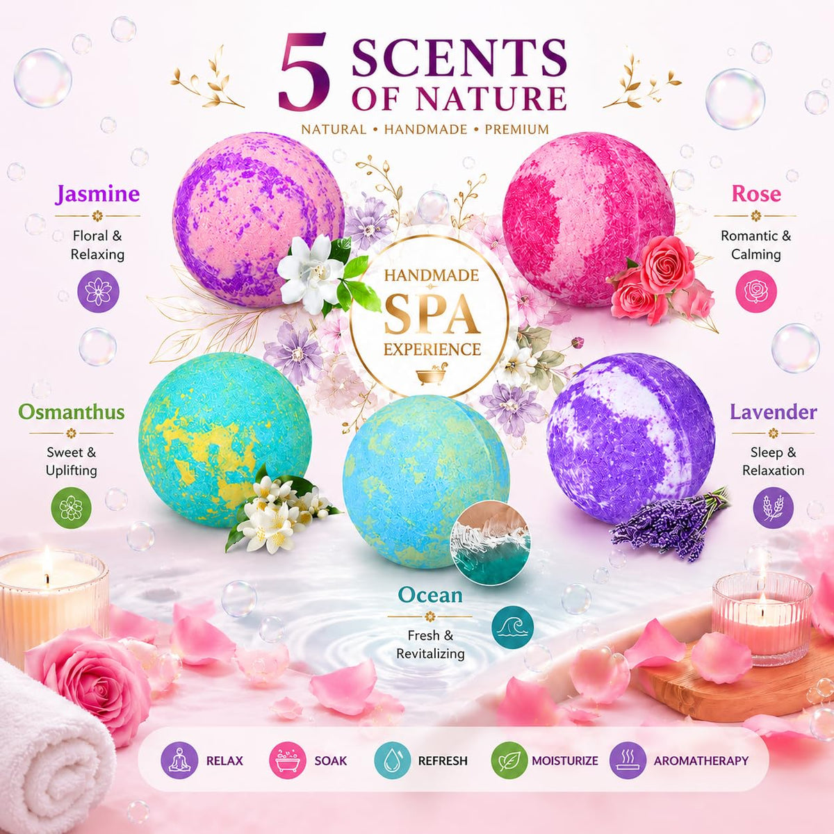 Bombes de bain colorées: lavande, océan, rose, jasmin, osmanthus