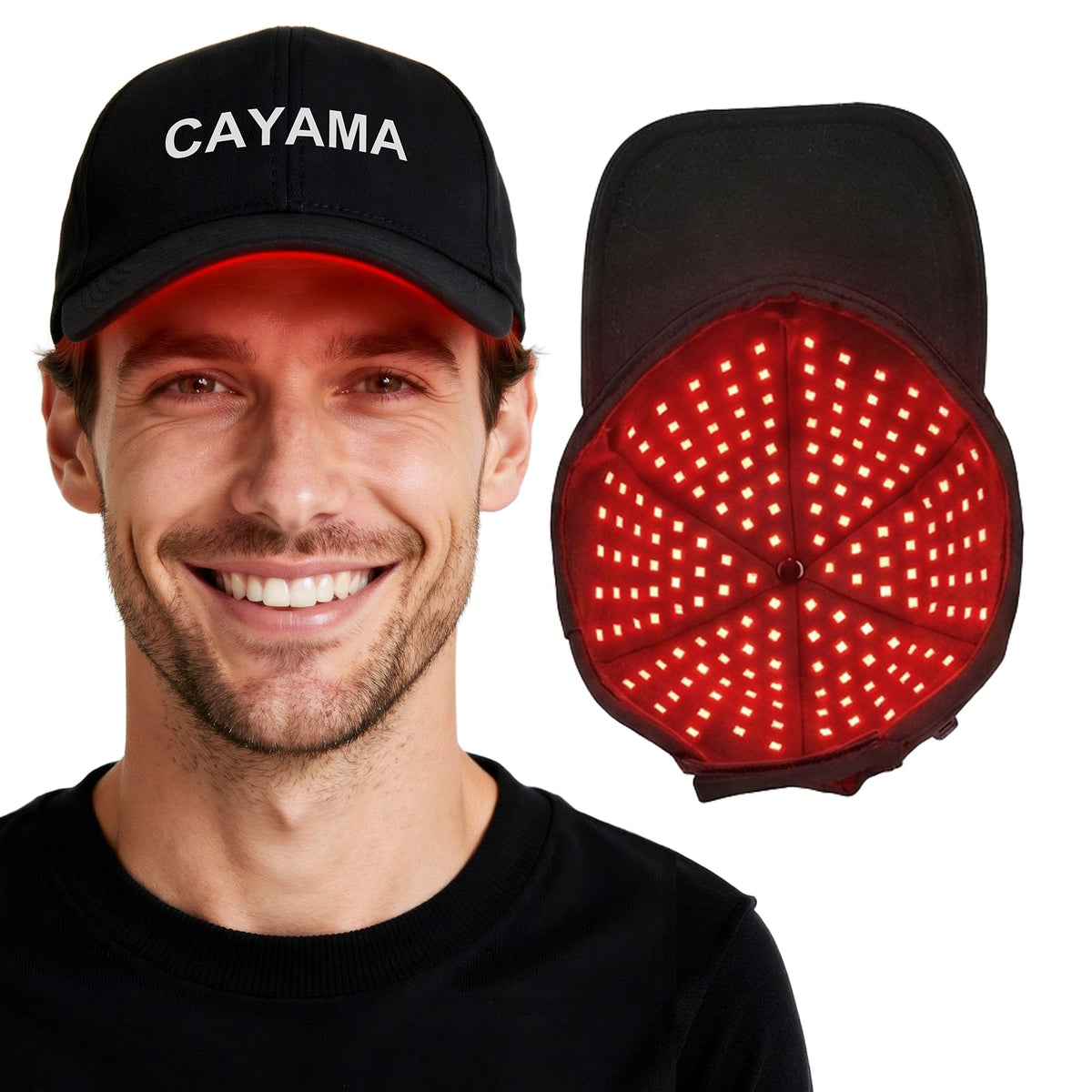 Bonnet de croissance capillaire CAYAMA rouge avec émetteurs de lumière sur fond blanc