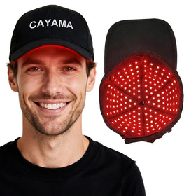 Bonnet de croissance capillaire CAYAMA rouge avec émetteurs de lumière sur fond blanc