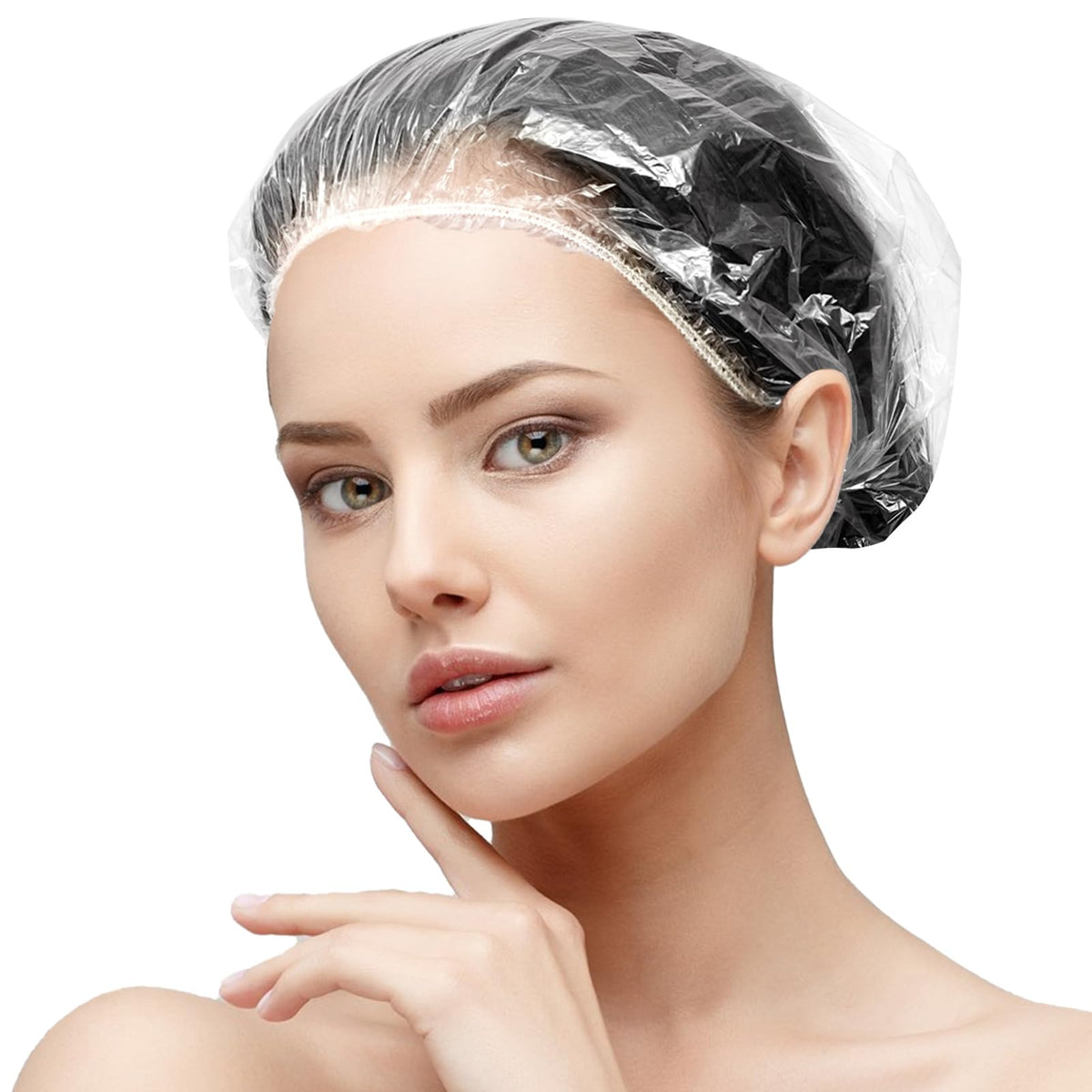 Bonnet de douche AIDIQIU transparent, vue de face