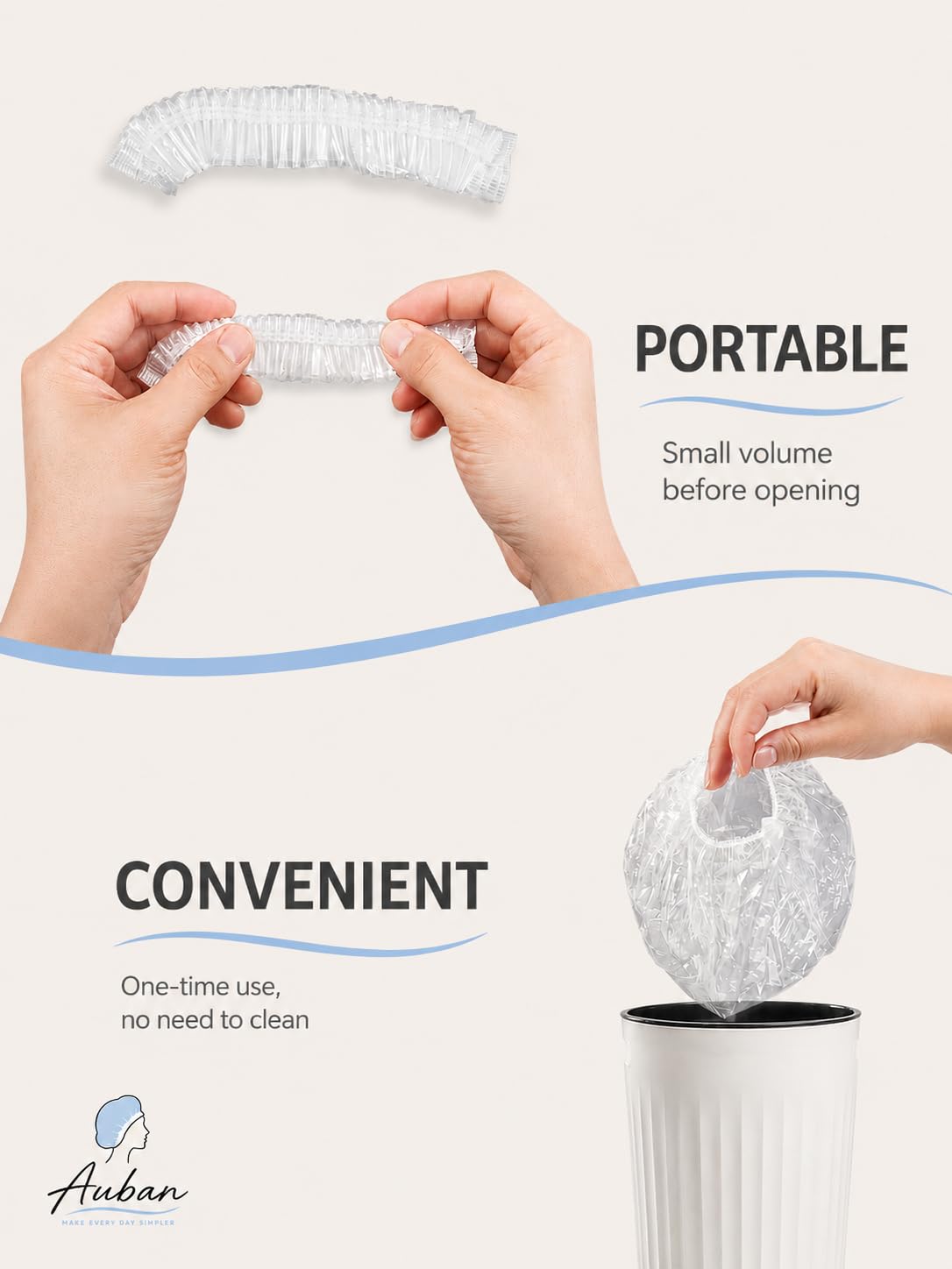 Bonnet de douche Auban sur un modèle avec cheveux longs