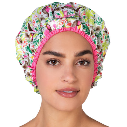Bonnet de douche Betty Dain tropical vue avant avec motifs colorés