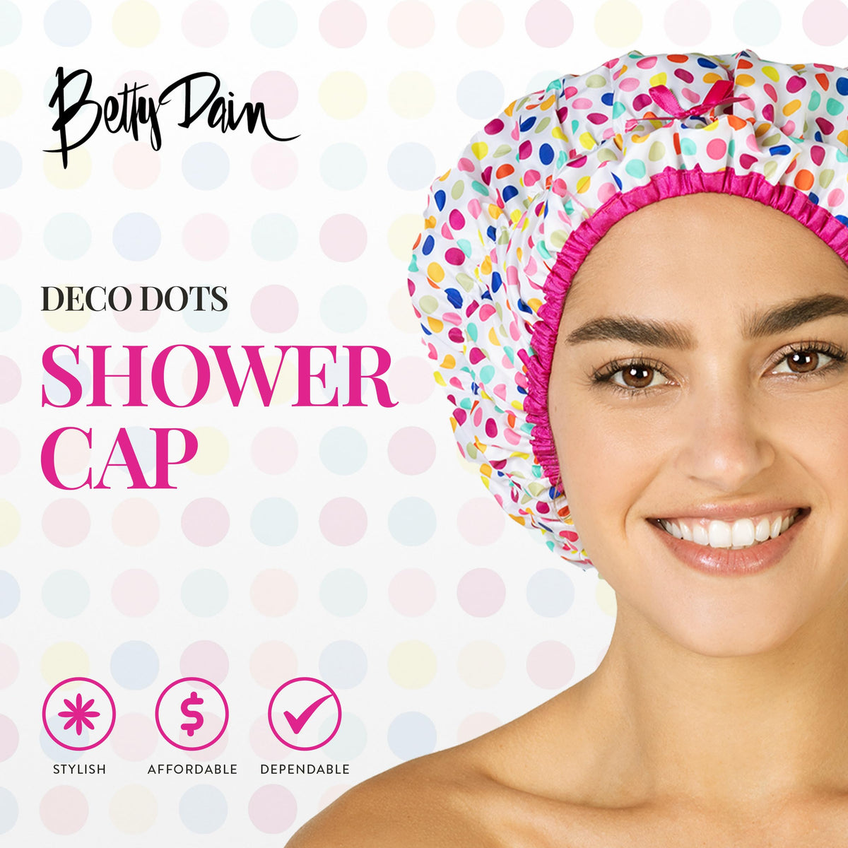 Bonnet de douche Betty Dain vue arrière avec motifs colorés