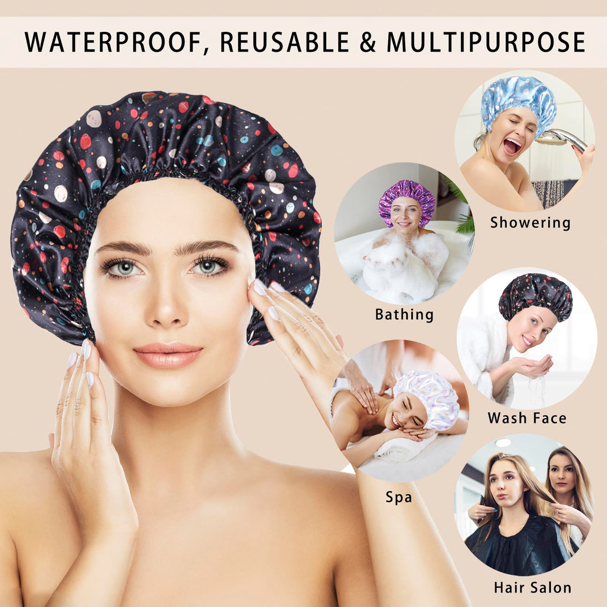 Bonnet de douche CHFONG en usage lors de l'application de maquillage