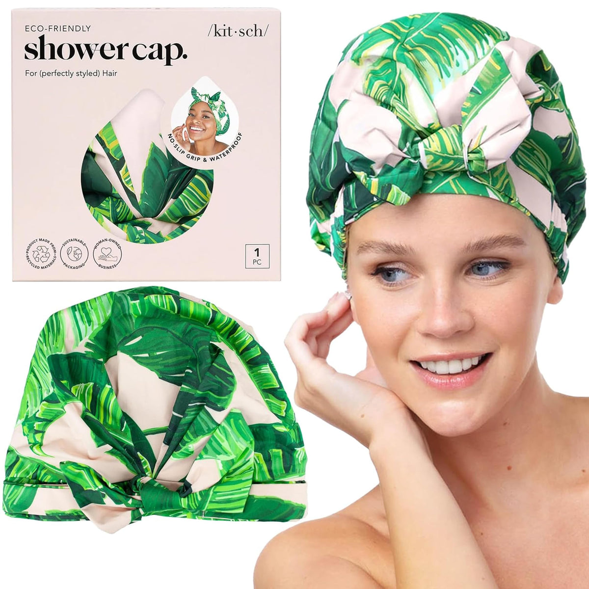 Bonnet de douche Kitsch chic modèle feuillage palmier vue de face