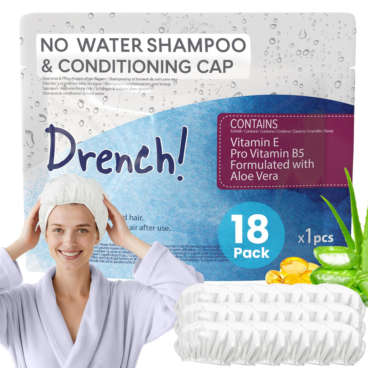 Bonnet de lavage Drench! Medical en vue de face, paquet de 18 unités