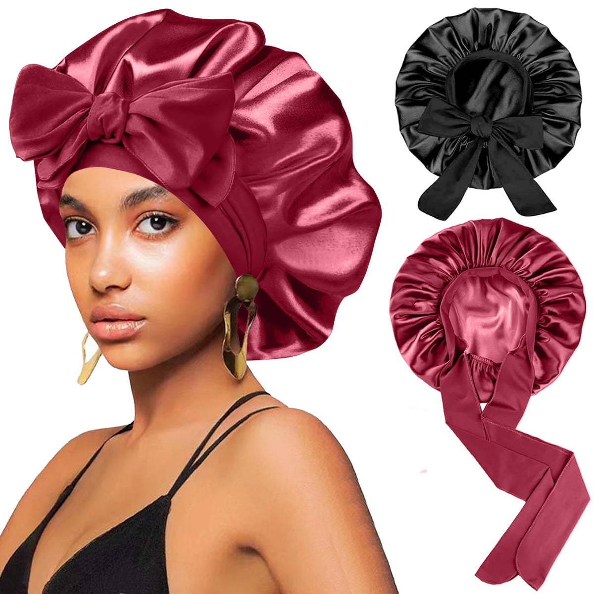 Bonnet de nuit en satin de soie FIRSTPELLA noir et rouge