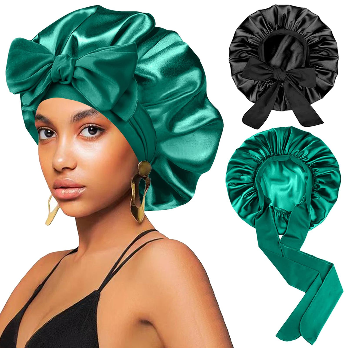Bonnet de nuit en satin FIRSTPELLA noir et vert, vue de face