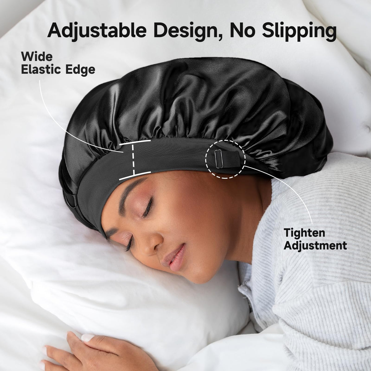 Bonnet de nuit en soie Umisleep porté sur une tête, côté