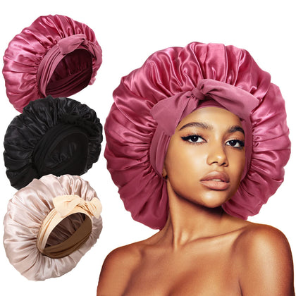 Bonnet de nuit Kafteri extra large en satin, couleur noir, vue de face