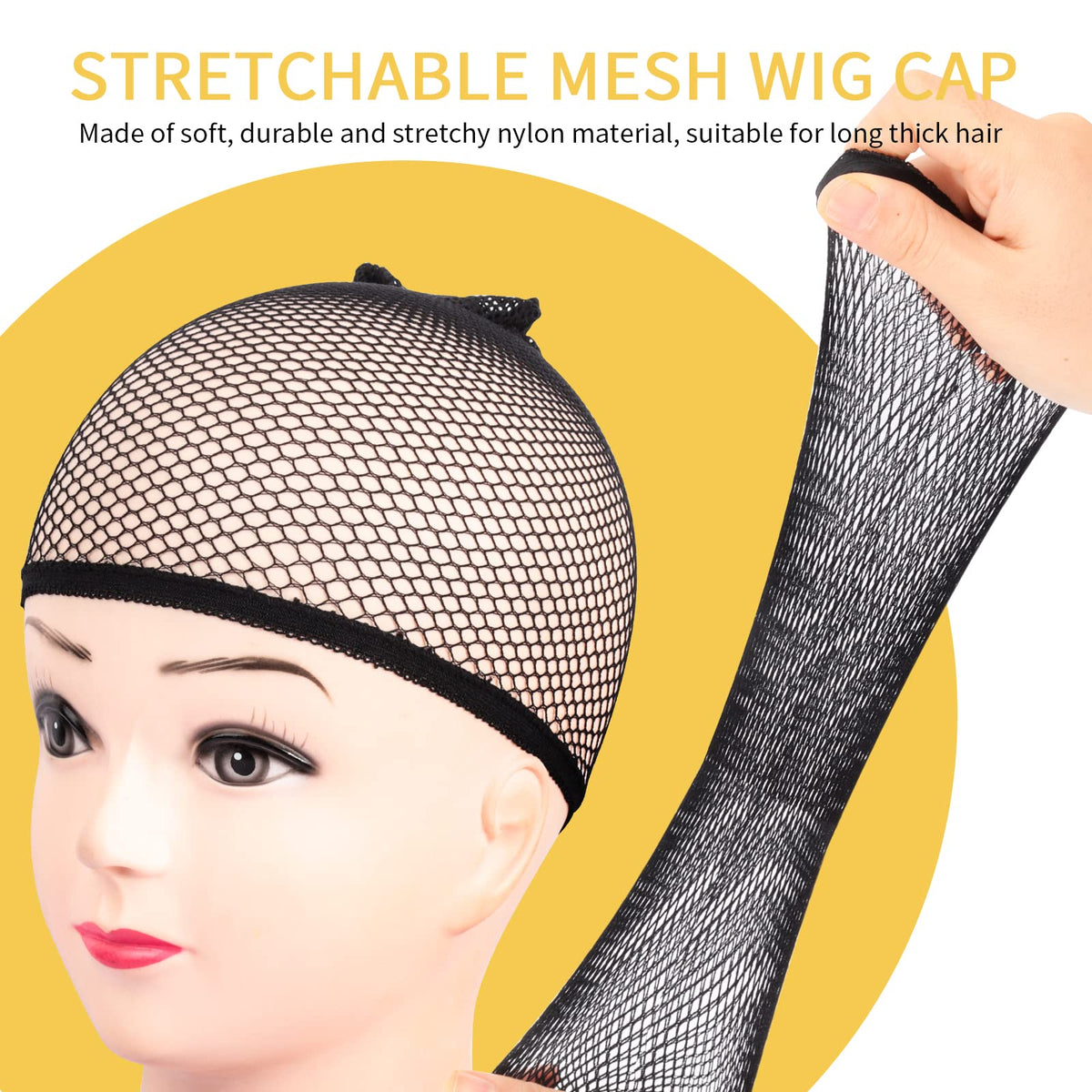 Bonnet de perruque Fandamei noir montré avec des cheveux longs