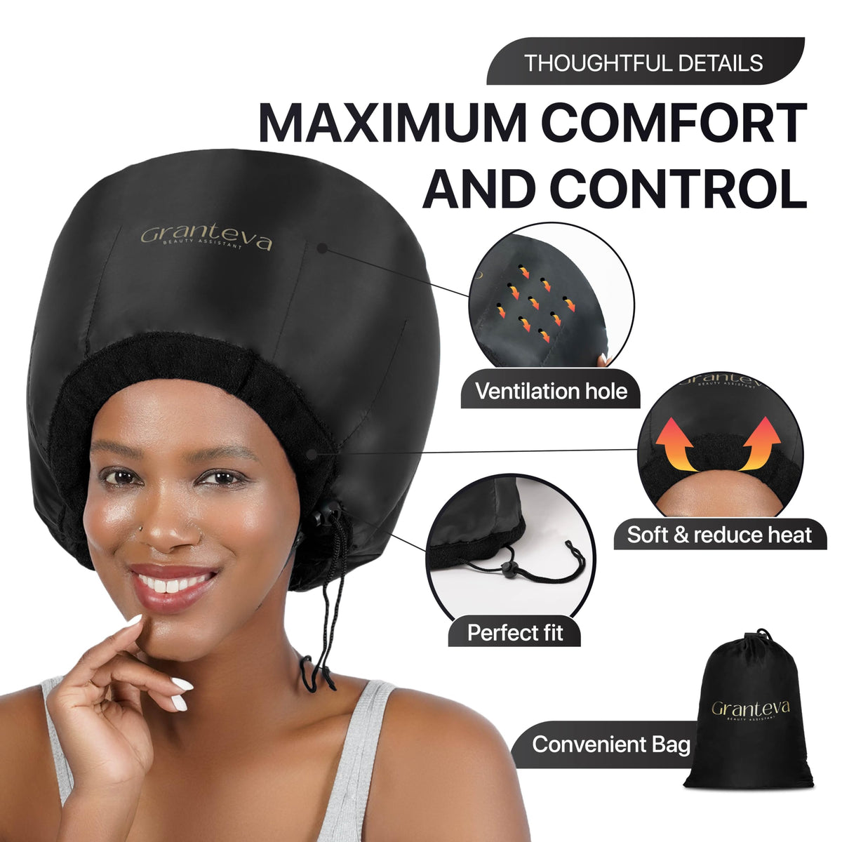 Bonnet diffuseur Granteva en satin, détails de la sangle ajustable