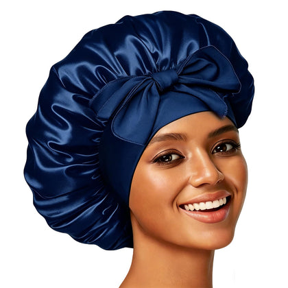 Bonnet en satin Confvrter bleu vue avant avec sangle ajustable