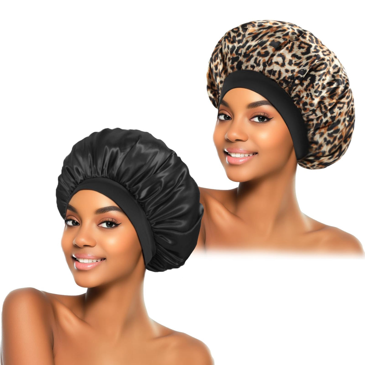 Bonnet en satin noir léopard ZHENSILK vue de face