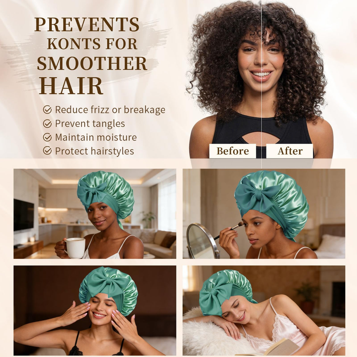 Bonnet en satin vert Confvrter avec des cheveux bouclés