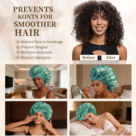 Bonnet en satin vert Confvrter avec des cheveux bouclés