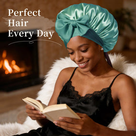 Bonnet en satin vert Confvrter porté sur une tête