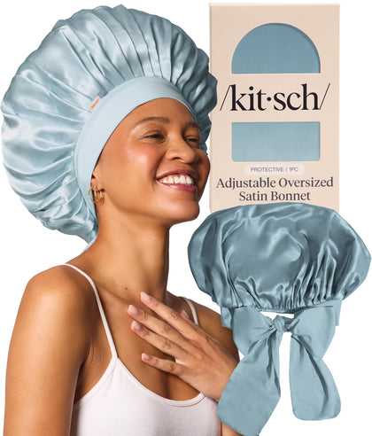 Bonnet en satin XL ajustable Kitsch couleur bleu brumeux vue de face
