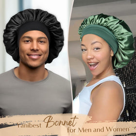 Bonnet en satin YANIBEST sur un lit avec oreiller