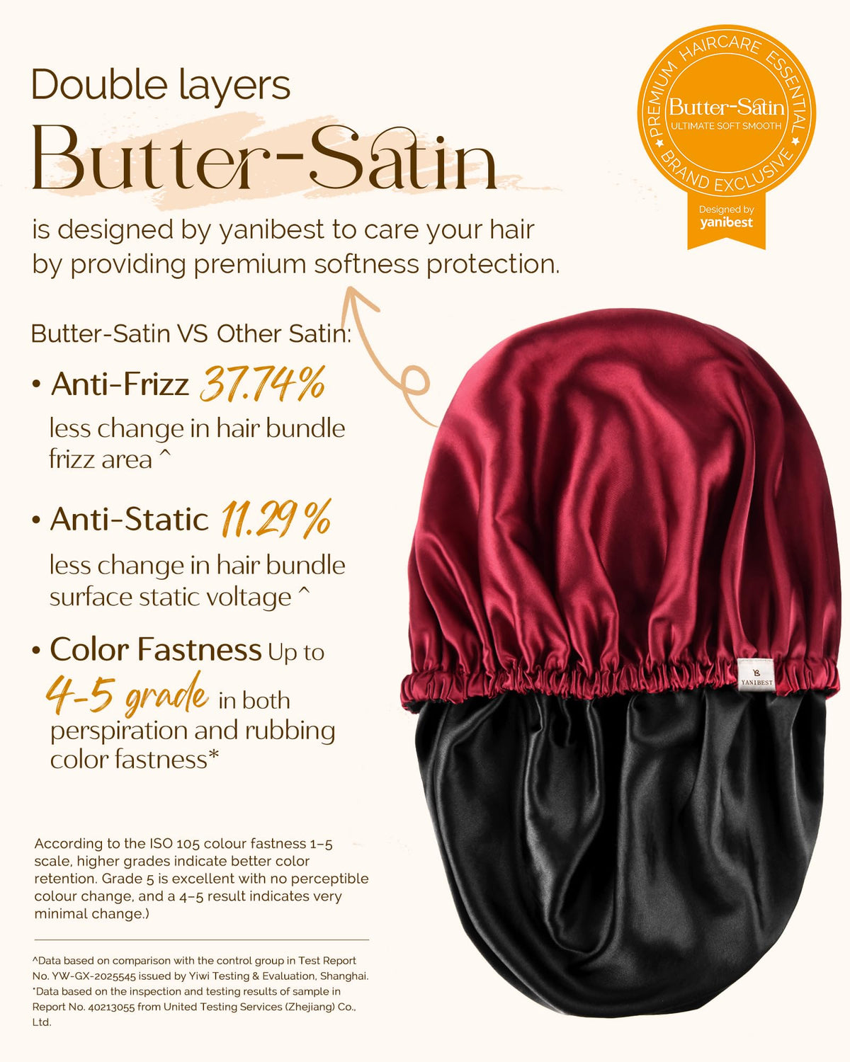 Bonnet en satin YANIBEST sur une table, mettant en avant les couleurs disponibles