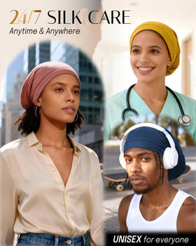 Bonnet en soie OLESILK à côté d'accessoires de cheveux