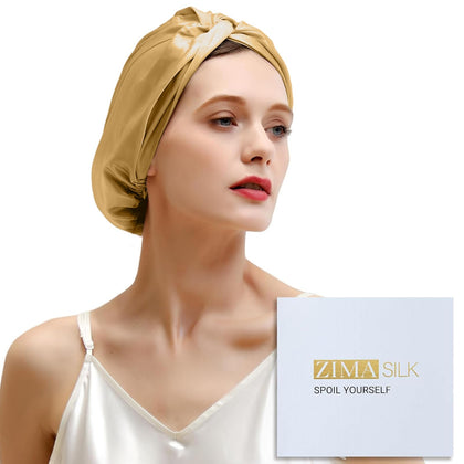 Bonnet en soie ZIMASILK 22 Momme couleur or vue de face