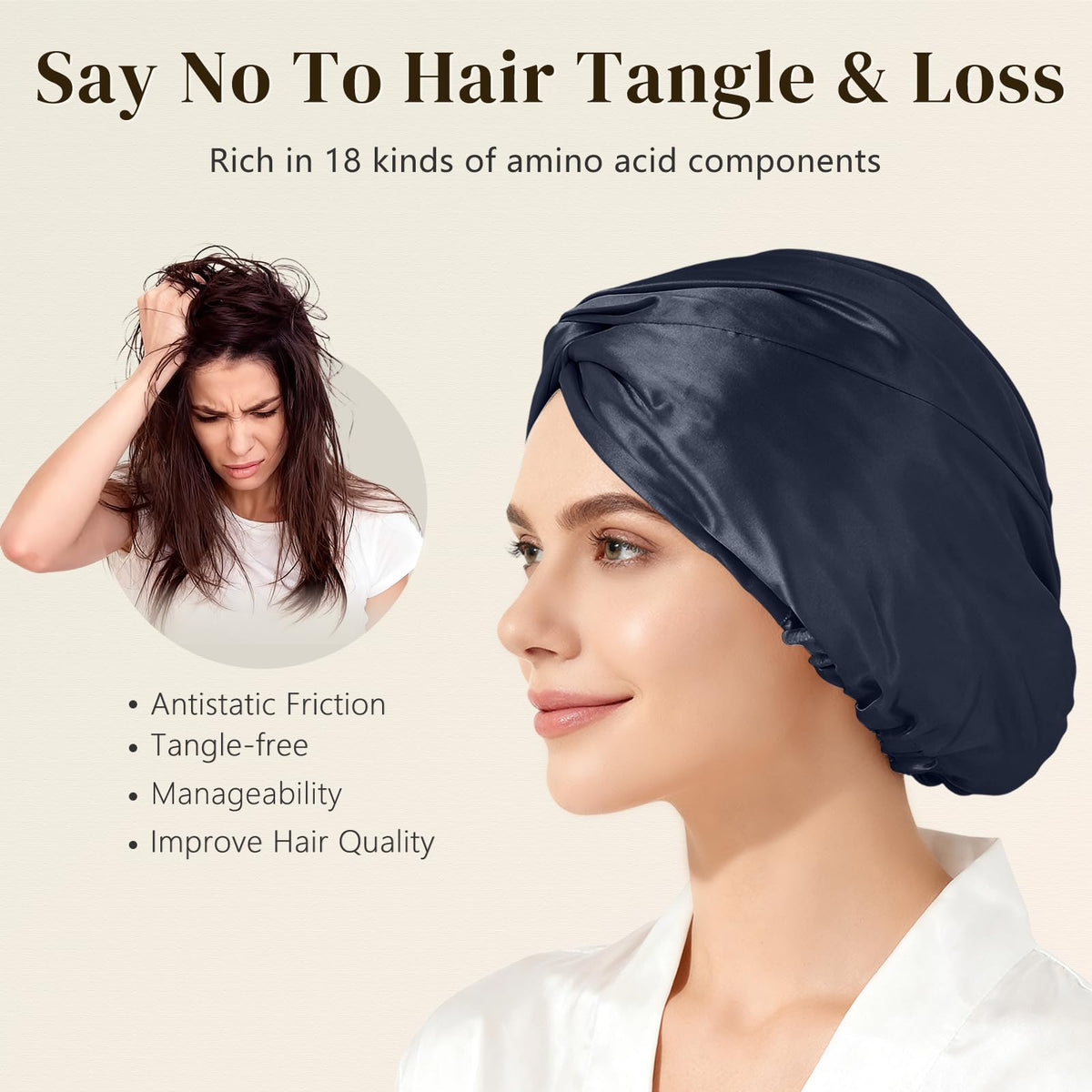 Bonnet en soie ZIMASILK avec bande élastique ajustable, côté
