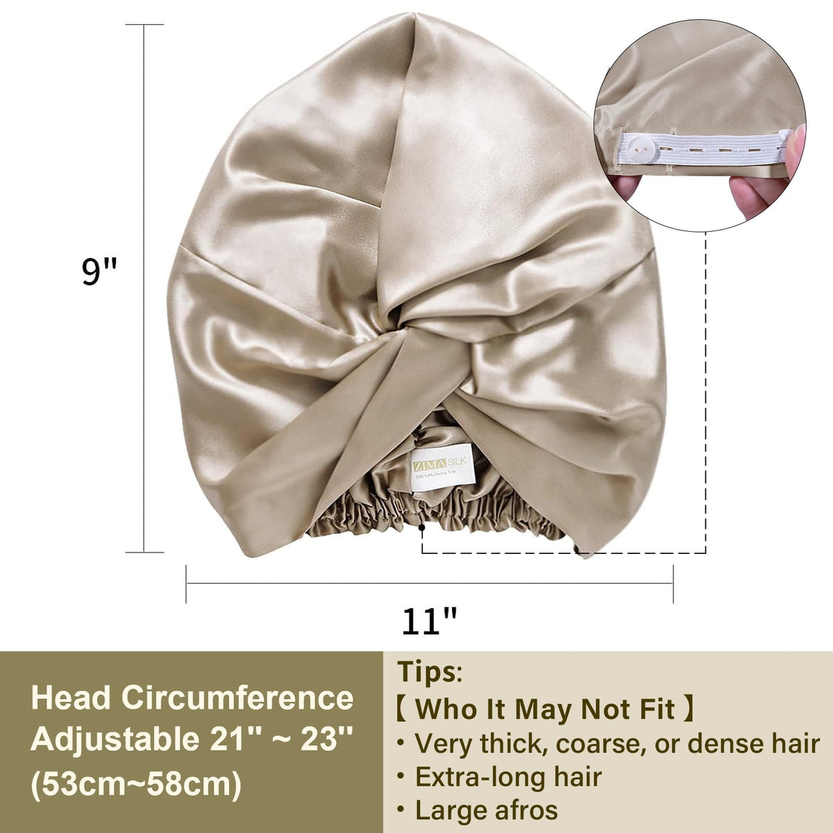 Bonnet en soie ZIMASILK avec élastique ajustable