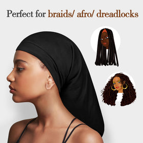 Bonnet long en satin Fittia porté, montrant sa taille adaptée aux tresses