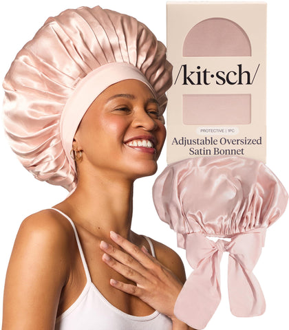 Bonnet satin Kitsch XL ajustable pour dormir couleur rose - vue avant