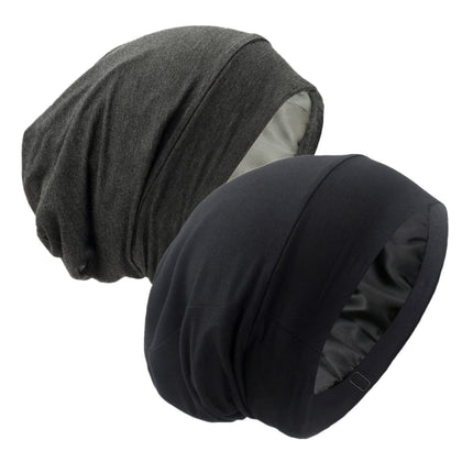 Bonnet satin ligné noir et gris pour cheveux avec doublure en satin