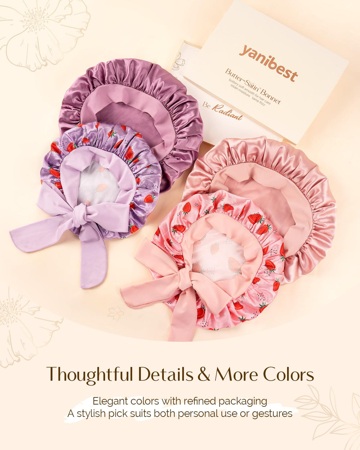 Bonnet satin YANIBEST présenté avec un fond coloré